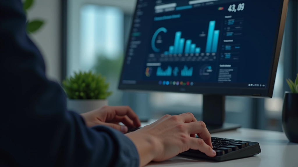 Hands typing on keyboard while monitoring website speed test results on monitor display