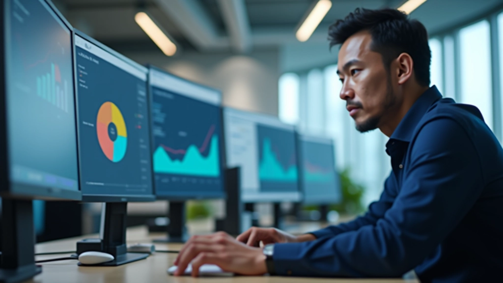 Person at desk analyzing website performance charts and metrics on multiple monitor screens showing optimization data